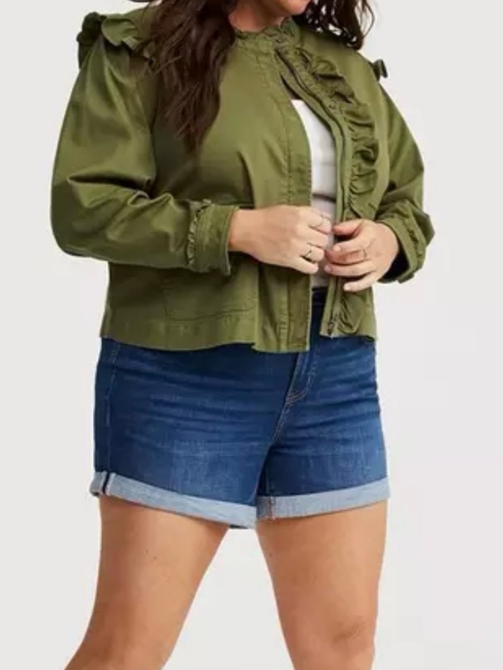 Torrid Olive green Twill Ruffle Utility Jacket Size 2X Military Moto Women - Picture 4 of 11